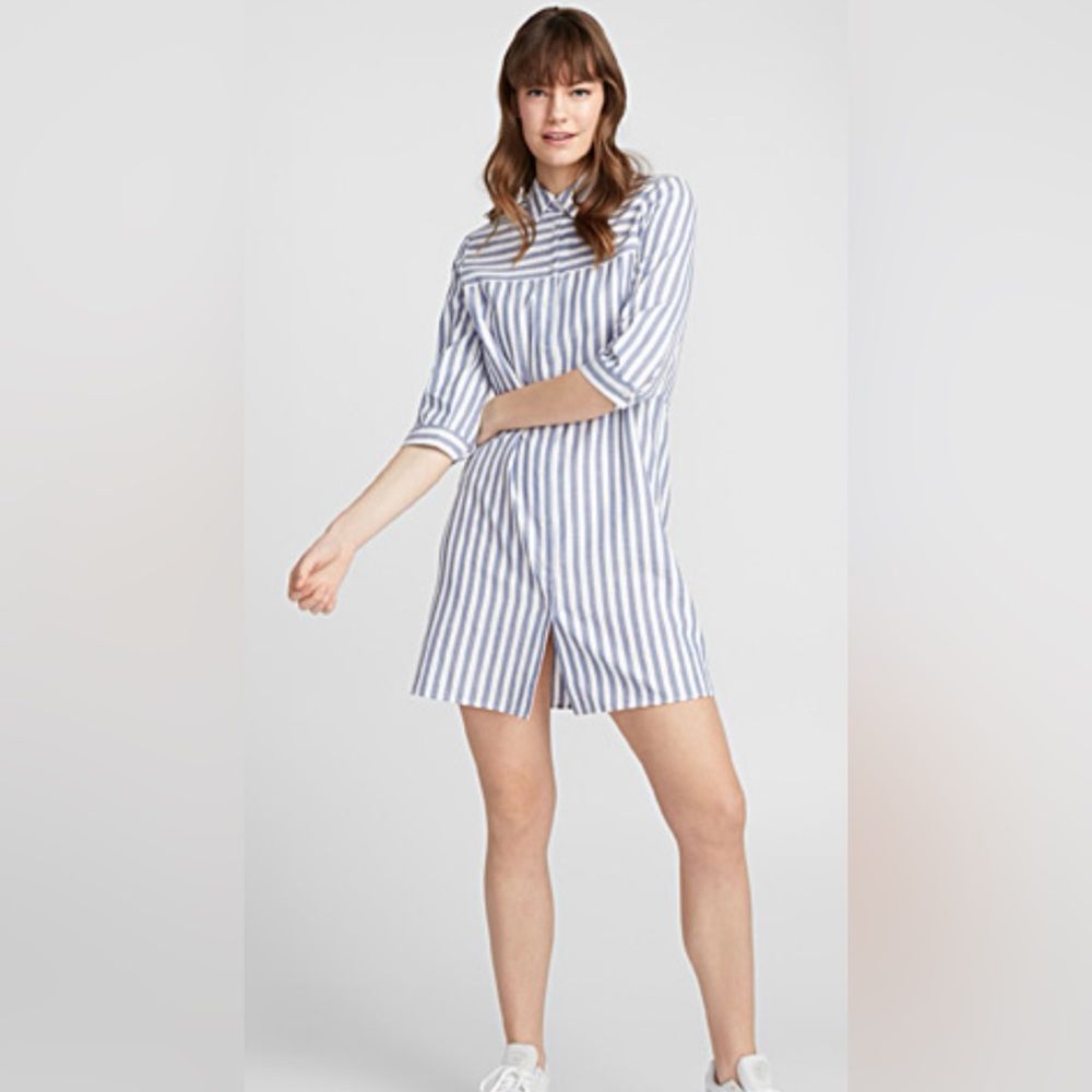 ICÔNE Blue and White Striped Mini Shirt Dress in a Cotton Linen Blend